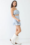 Plaid Cotton Strapless Crop Top &amp; High Waist Flare Hem Mini Skirt Set