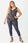 Plus Size Black Floral Button-Up Sleeveless Flare Hem Top