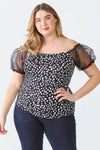 Plus Size Black Dot Print Organza Puff Short Sleeve Top