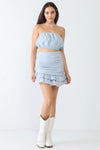 Plaid Cotton Strapless Crop Top &amp; High Waist Flare Hem Mini Skirt Set