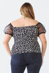 Plus Size Black Dot Print Organza Puff Short Sleeve Top