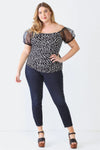 Plus Size Black Dot Print Organza Puff Short Sleeve Top