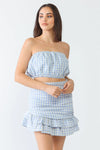 Plaid Cotton Strapless Crop Top &amp; High Waist Flare Hem Mini Skirt Set